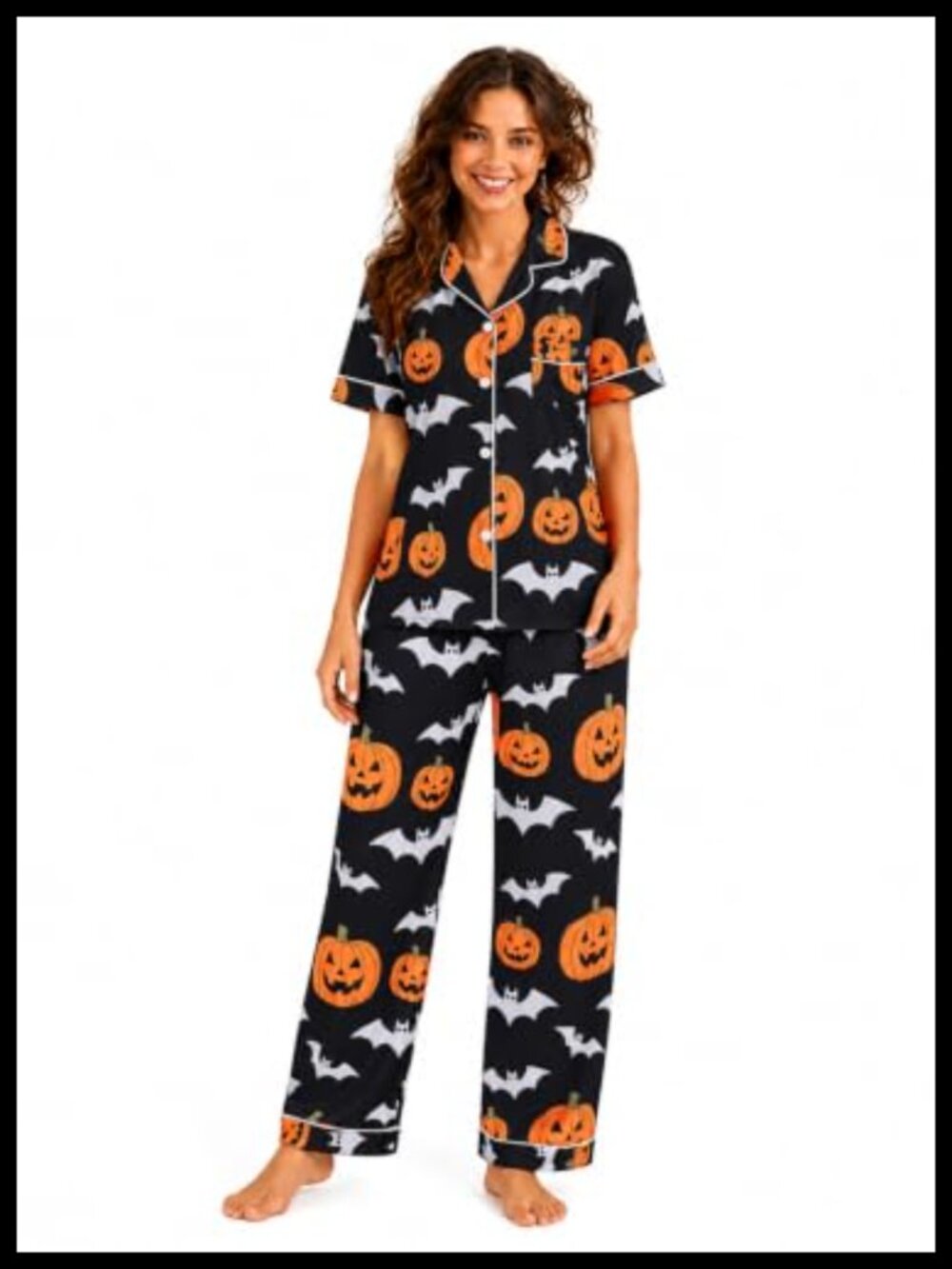Satin Pumpkin Bat Halloween Pajama Set Short Sleeve Notch Lapel Lounge